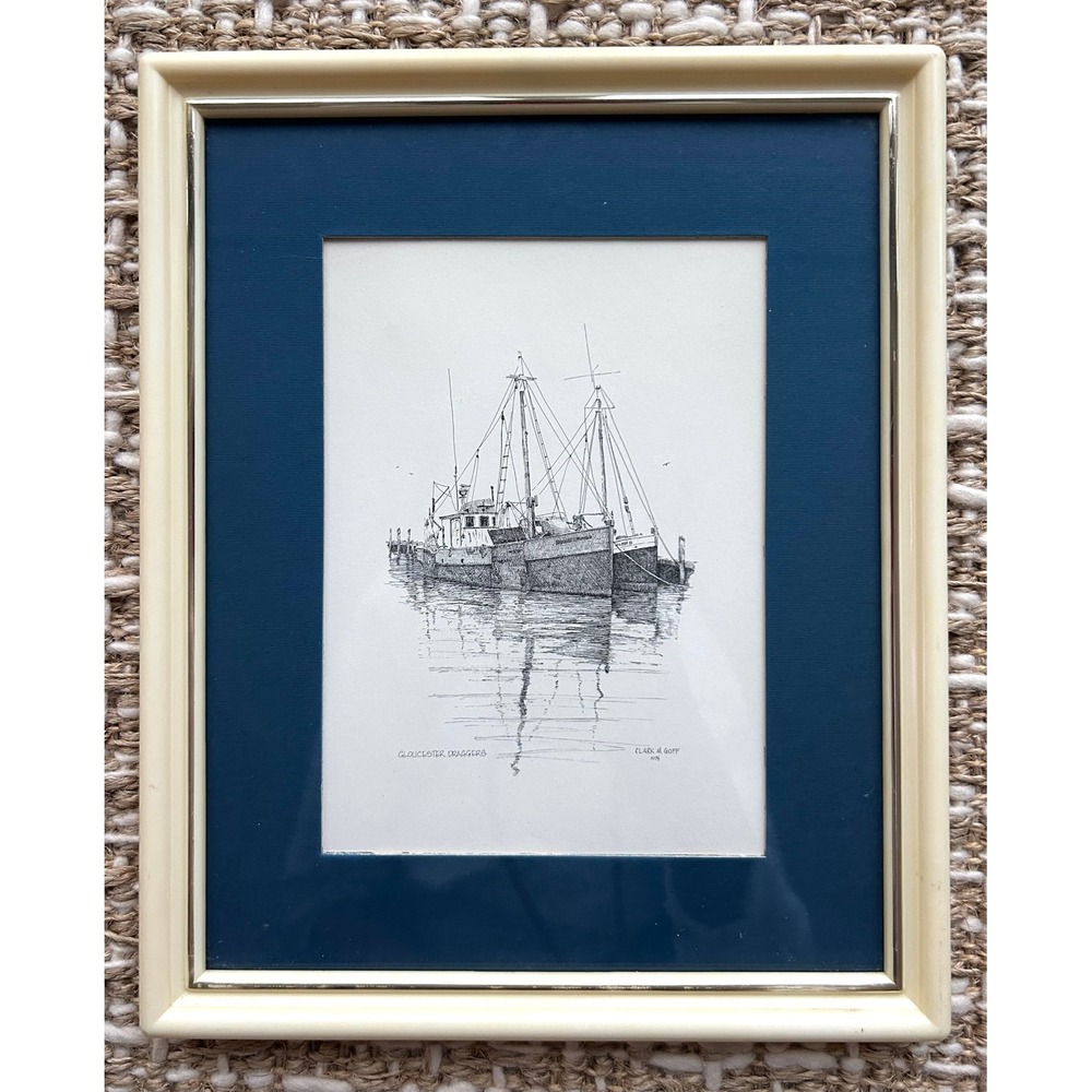 Clark M Goff Gloucester Draggers 1974 Pen and Ink Nautical Print Framed Art